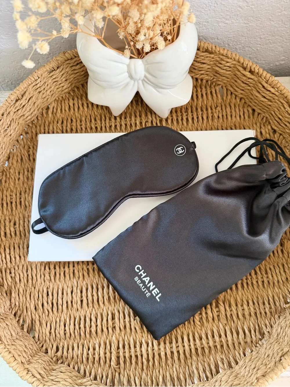 CHANEL Black Satin Eye Mask with CC Emblem